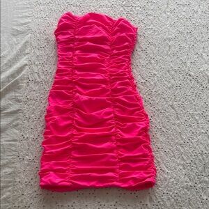 Tiger Mist Strapless Ruched Bodycon Dress in Hot Pink